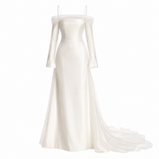 Ethereal Satin Bridal Gown - Off Shoulder Sheer Tulle Long Sleeve Wedding Dress with Cathedral Train