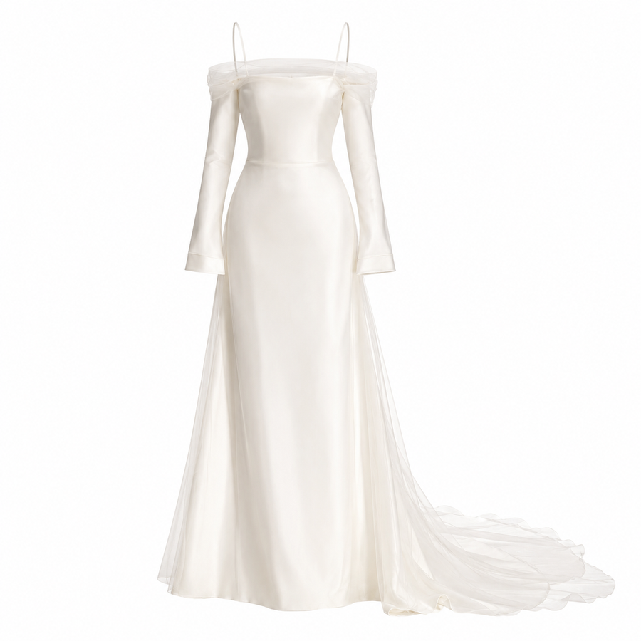 Ethereal Satin Bridal Gown - Off Shoulder Sheer Tulle Long Sleeve Wedding Dress with Cathedral Train
