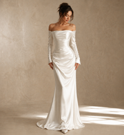 Ivory Satin Off-Shoulder Mermaid Gown - Elegant Sculpted Evening Dress with Long Sleeves