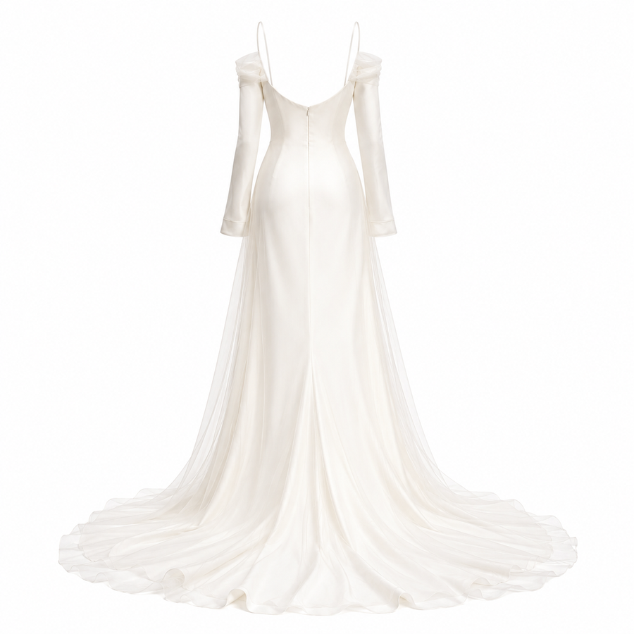 Ethereal Satin Bridal Gown - Off Shoulder Sheer Tulle Long Sleeve Wedding Dress with Cathedral Train