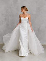 Ethereal Satin Bridal Gown - Sculpted Strapless Corset Wedding Dress with Dramatic Tulle Overskirt