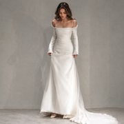 Ethereal Satin Bridal Gown - Off Shoulder Sheer Tulle Long Sleeve Wedding Dress with Cathedral Train