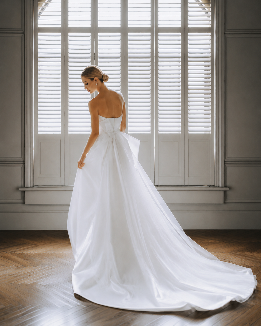 Ethereal Satin Bridal Gown - Sculpted Strapless Corset Wedding Dress with Dramatic Tulle Overskirt