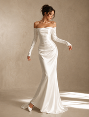 Ivory Satin Off-Shoulder Mermaid Gown - Elegant Sculpted Evening Dress with Long Sleeves