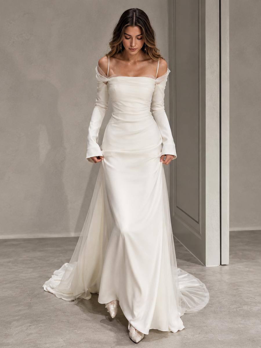 Ethereal Satin Bridal Gown - Off Shoulder Sheer Tulle Long Sleeve Wedding Dress with Cathedral Train