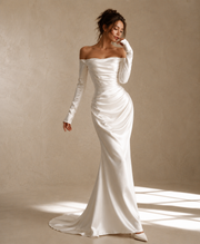 Ivory Satin Off-Shoulder Mermaid Gown - Elegant Sculpted Evening Dress with Long Sleeves