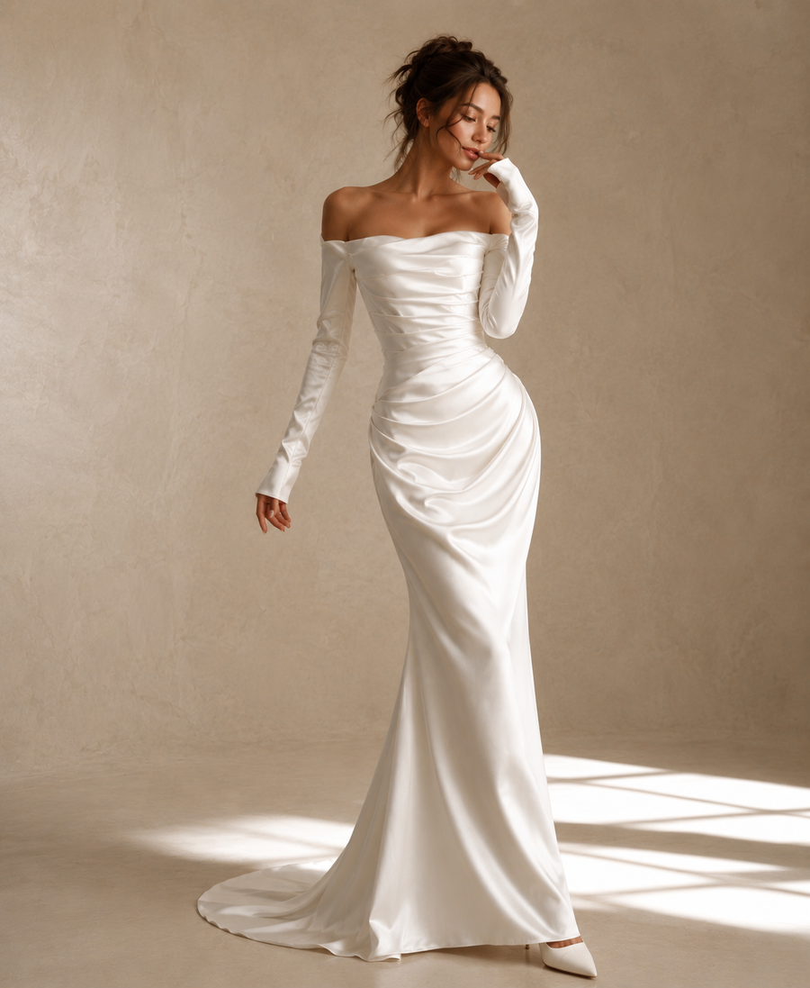 Ivory Satin Off-Shoulder Mermaid Gown - Elegant Sculpted Evening Dress with Long Sleeves