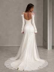 Ethereal Satin Bridal Gown - Off Shoulder Sheer Tulle Long Sleeve Wedding Dress with Cathedral Train