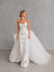 Ethereal Satin Bridal Gown - Sculpted Strapless Corset Wedding Dress with Dramatic Tulle Overskirt