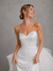 Ethereal Satin Bridal Gown - Sculpted Strapless Corset Wedding Dress with Dramatic Tulle Overskirt
