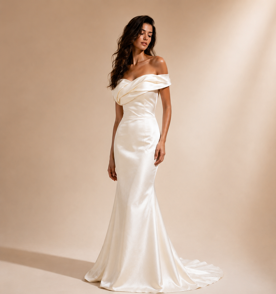 Ivory Sculpted Satin Mermaid Elegant Evening Dress - Off-Shoulder Formal Occasion Gown
