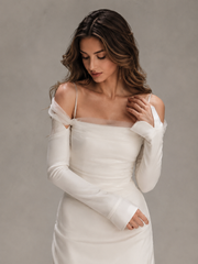 Ethereal Satin Bridal Gown - Off Shoulder Sheer Tulle Long Sleeve Wedding Dress with Cathedral Train
