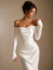 Ivory Satin Off-Shoulder Mermaid Gown - Elegant Sculpted Evening Dress with Long Sleeves