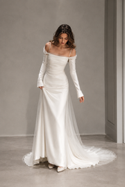 Ethereal Satin Bridal Gown - Off Shoulder Sheer Tulle Long Sleeve Wedding Dress with Cathedral Train