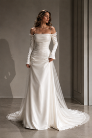 Ethereal Satin Bridal Gown - Off Shoulder Sheer Tulle Long Sleeve Wedding Dress with Cathedral Train