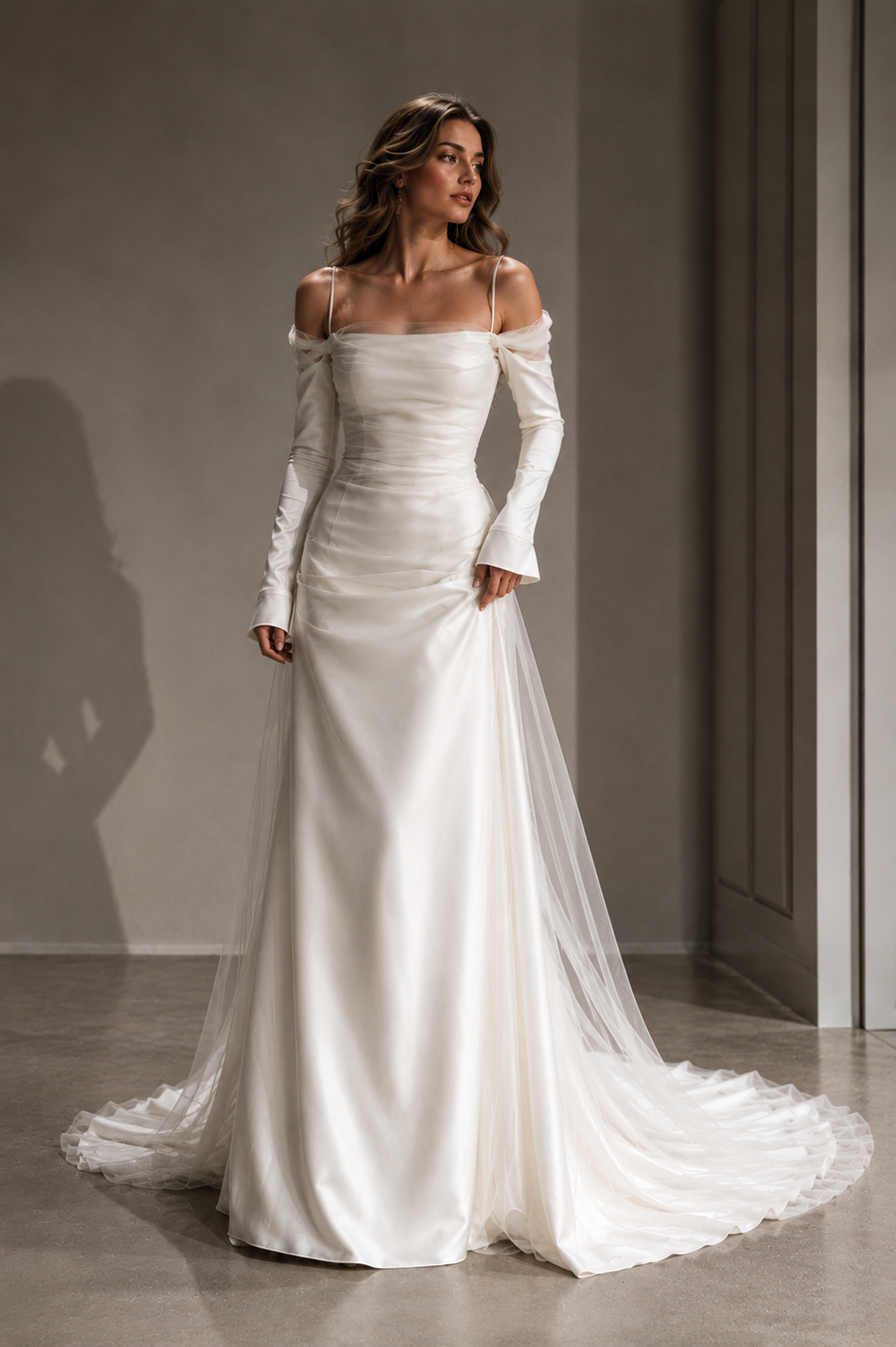 Ethereal Satin Bridal Gown - Off Shoulder Sheer Tulle Long Sleeve Wedding Dress with Cathedral Train