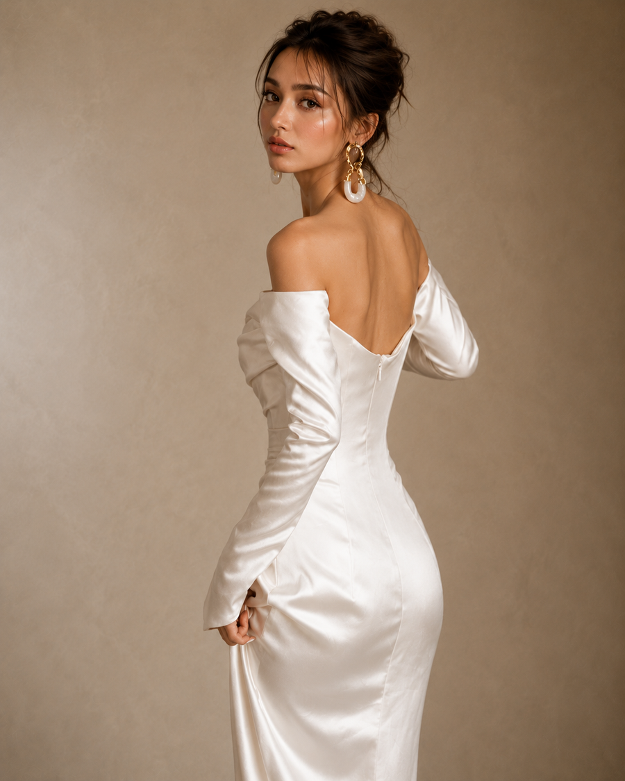 Ivory Satin Off-Shoulder Mermaid Gown - Elegant Sculpted Evening Dress with Long Sleeves