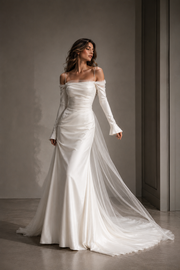 Ethereal Satin Bridal Gown - Off Shoulder Sheer Tulle Long Sleeve Wedding Dress with Cathedral Train