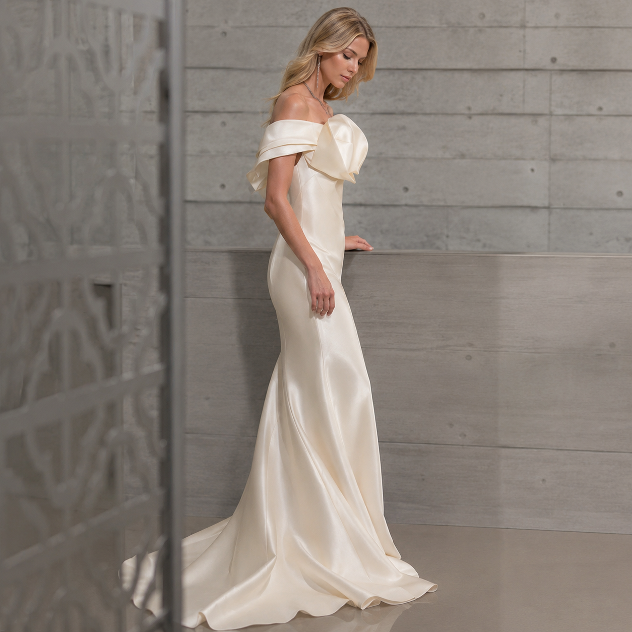 Ivory Sculpted Satin Mermaid Gown - Elegant Off-Shoulder Evening Dress