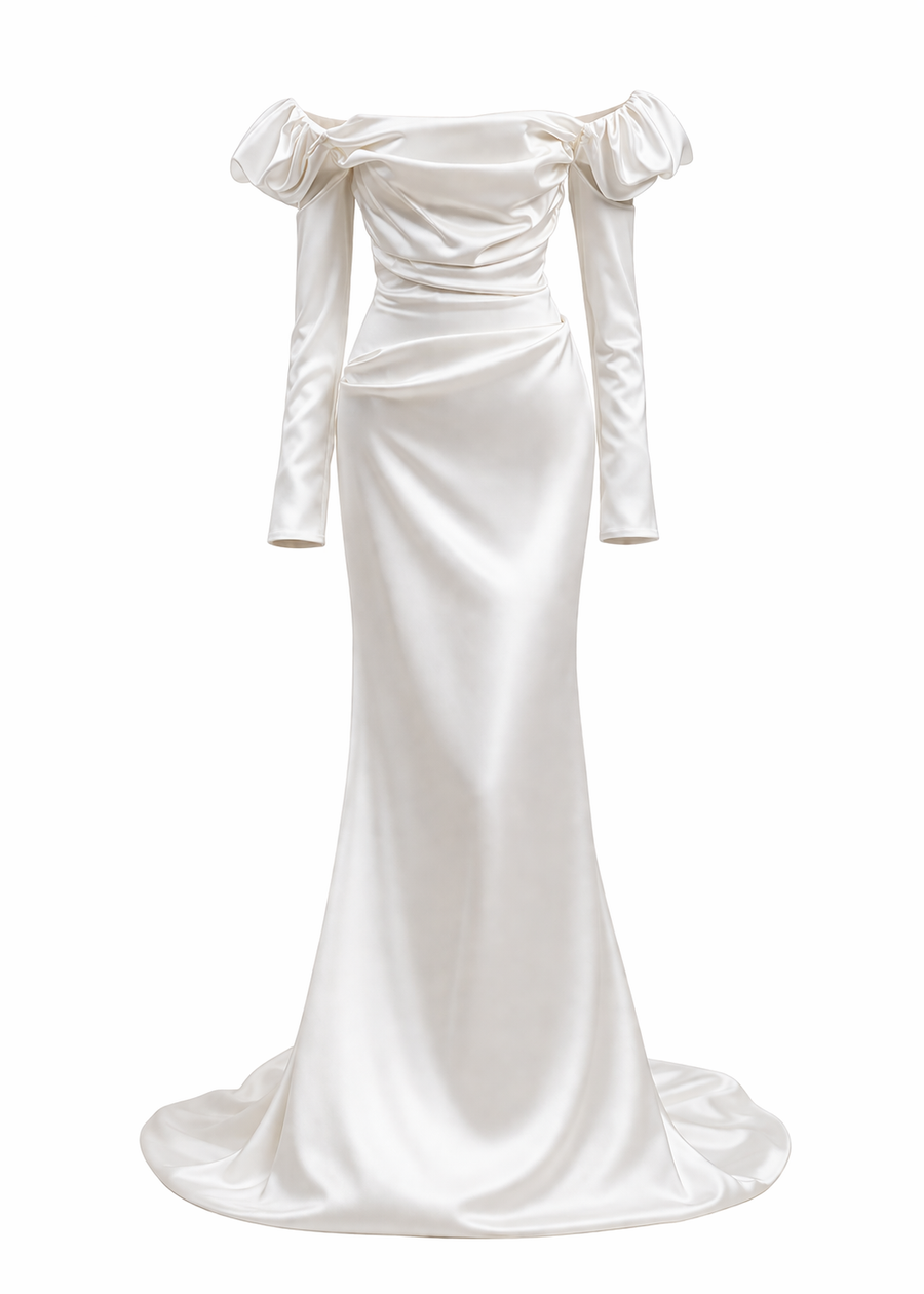 ÉLARA Satin Gown - Off-Shoulder White Long Sleeve Sculpted Evening Dress