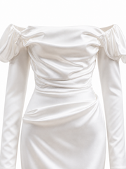 ÉLARA Satin Gown - Off-Shoulder White Long Sleeve Sculpted Evening Dress