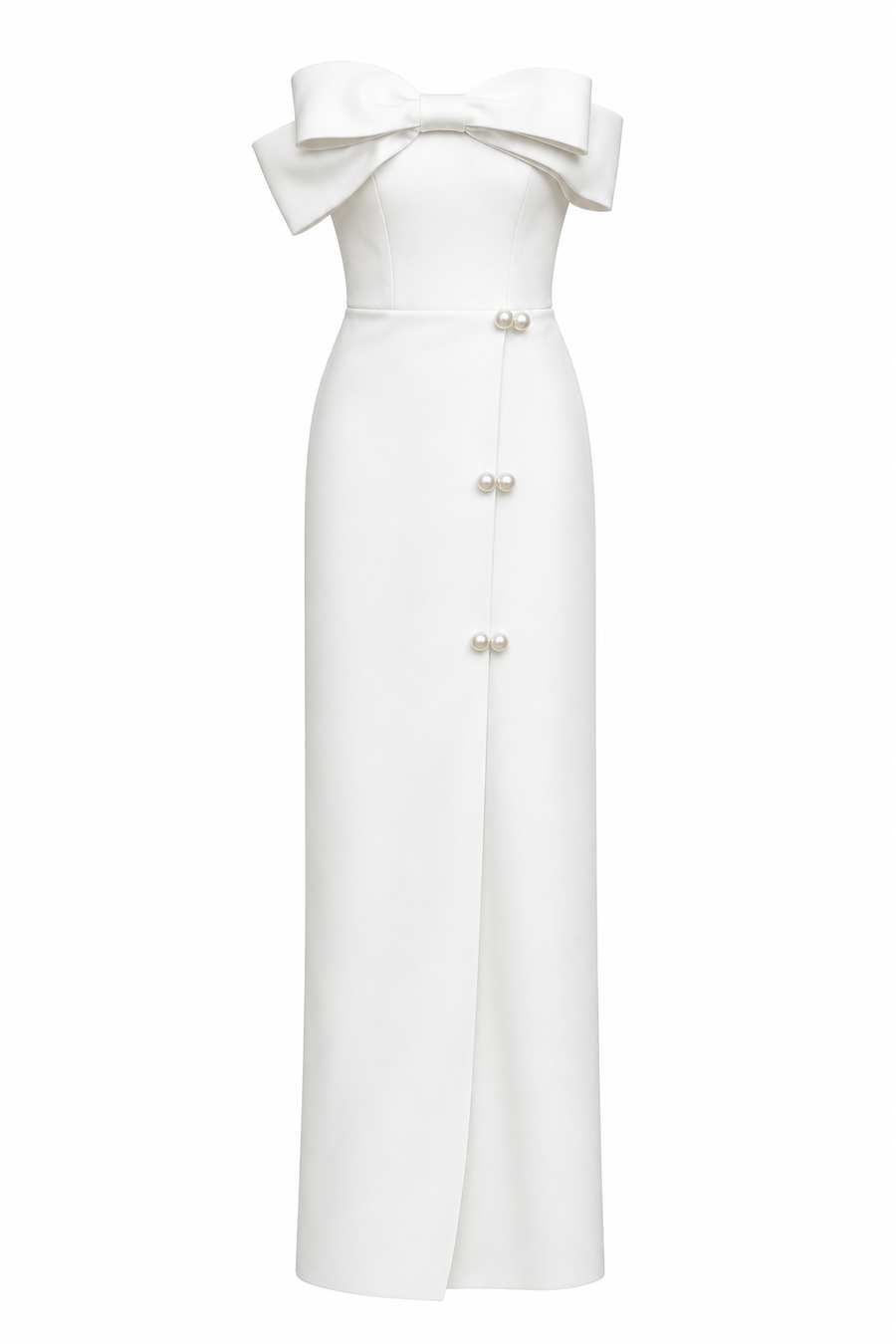Strapless Bow Detail Midi Dress with Pearl Buttons – Elegant Minimalist Evening Gown for Women