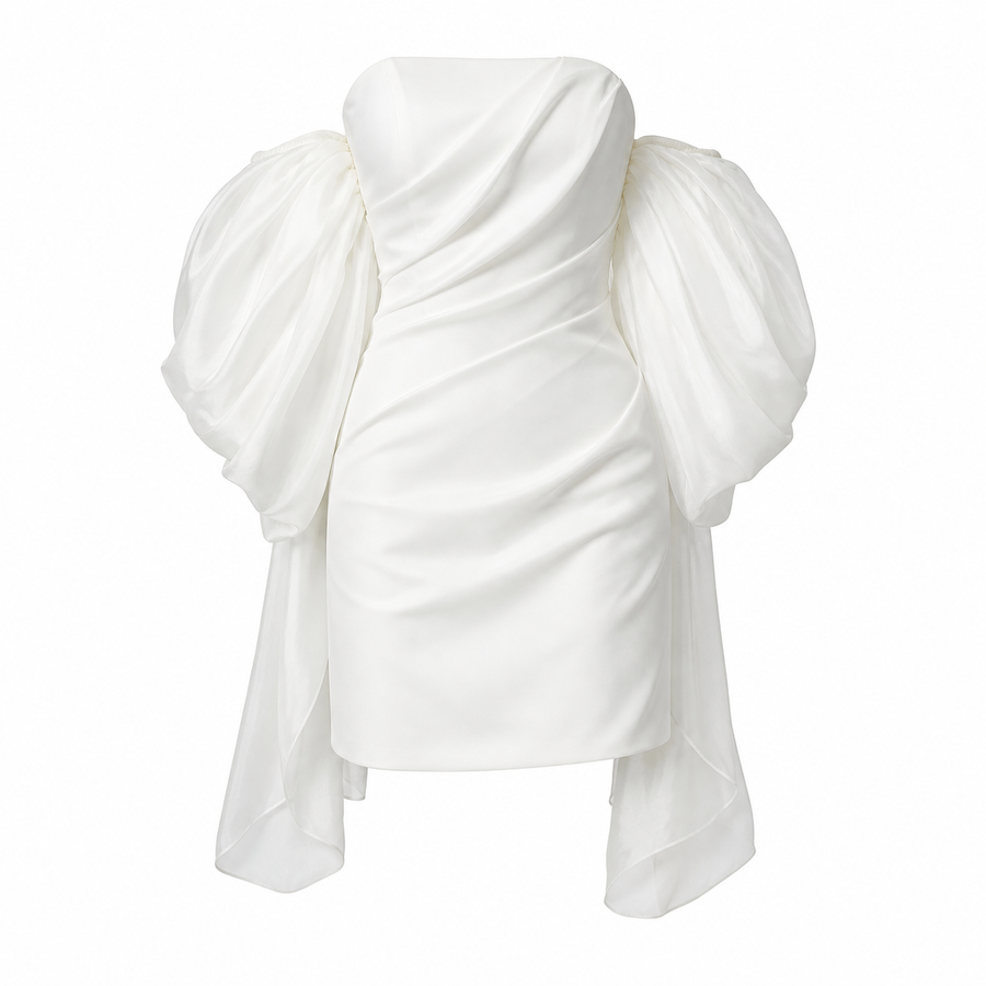 ÉLARA Sculpted Mini Dress - Off-Shoulder White Dress with Sheer Statement Sleeves