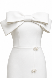Strapless Bow Detail Midi Dress with Pearl Buttons – Elegant Minimalist Evening Gown for Women