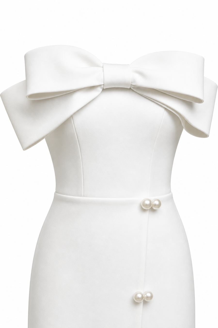 Strapless Bow Detail Midi Dress with Pearl Buttons – Elegant Minimalist Evening Gown for Women