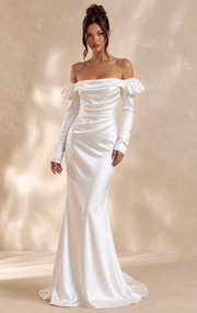 ÉLARA Satin Gown - Off-Shoulder White Long Sleeve Sculpted Evening Dress