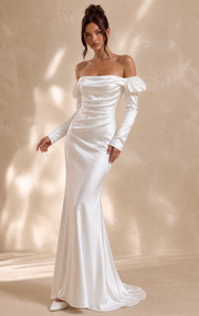 ÉLARA Satin Gown - Off-Shoulder White Long Sleeve Sculpted Evening Dress