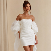 ÉLARA Sculpted Mini Dress - Off-Shoulder White Dress with Sheer Statement Sleeves