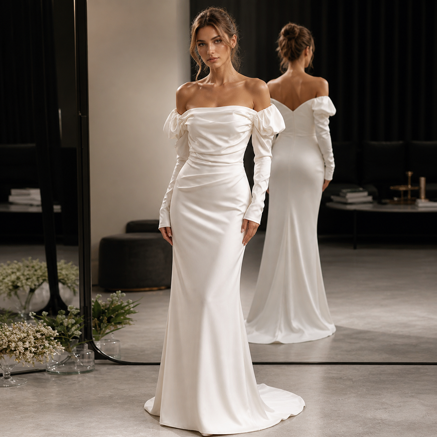ÉLARA Satin Gown - Off-Shoulder White Long Sleeve Sculpted Evening Dress