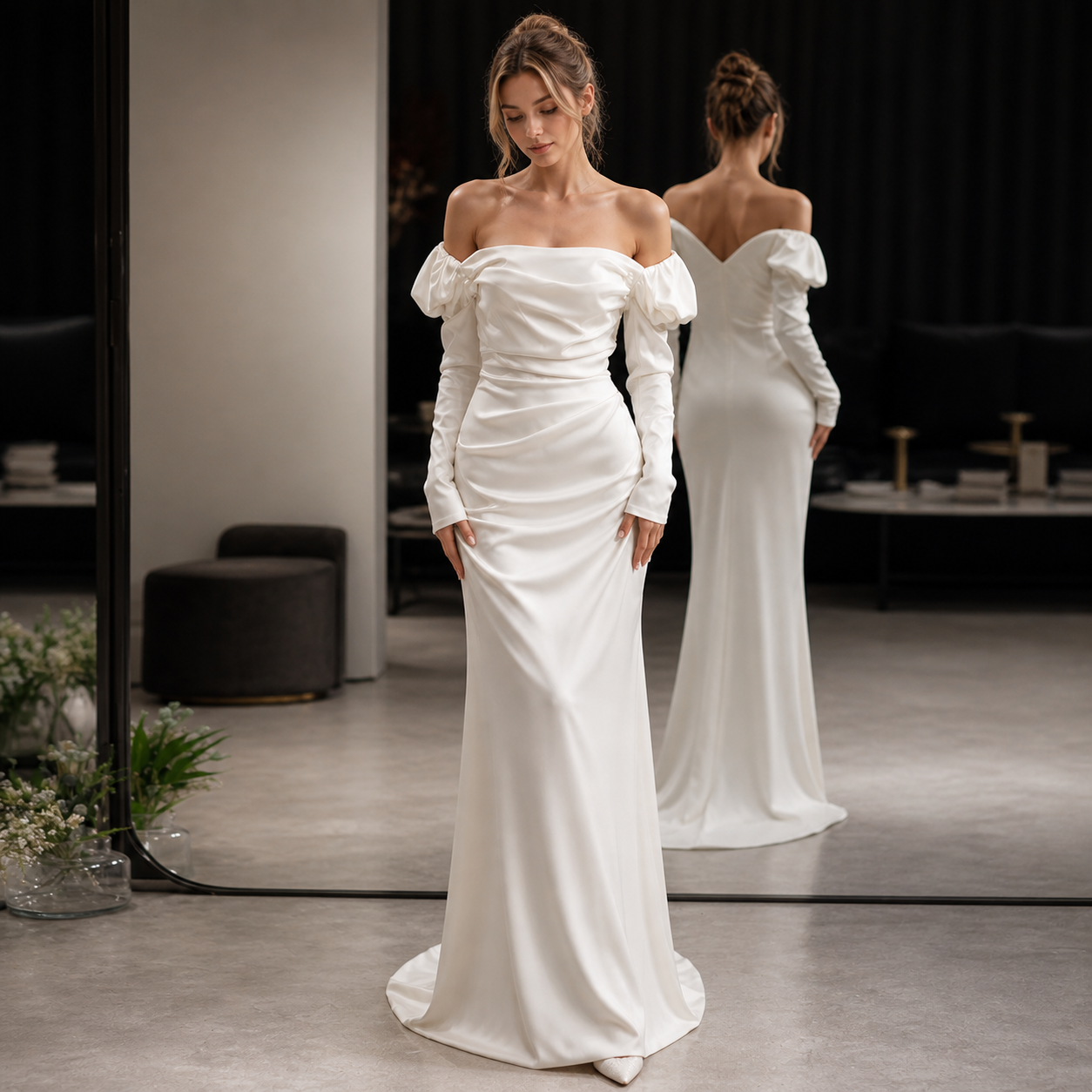 ÉLARA Satin Gown - Off-Shoulder White Long Sleeve Sculpted Evening Dress
