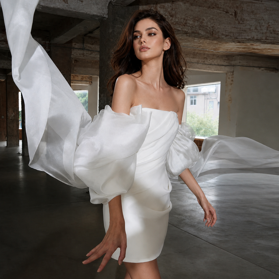 Short White Off Shoulder Puff Sleeve Wedding Dress