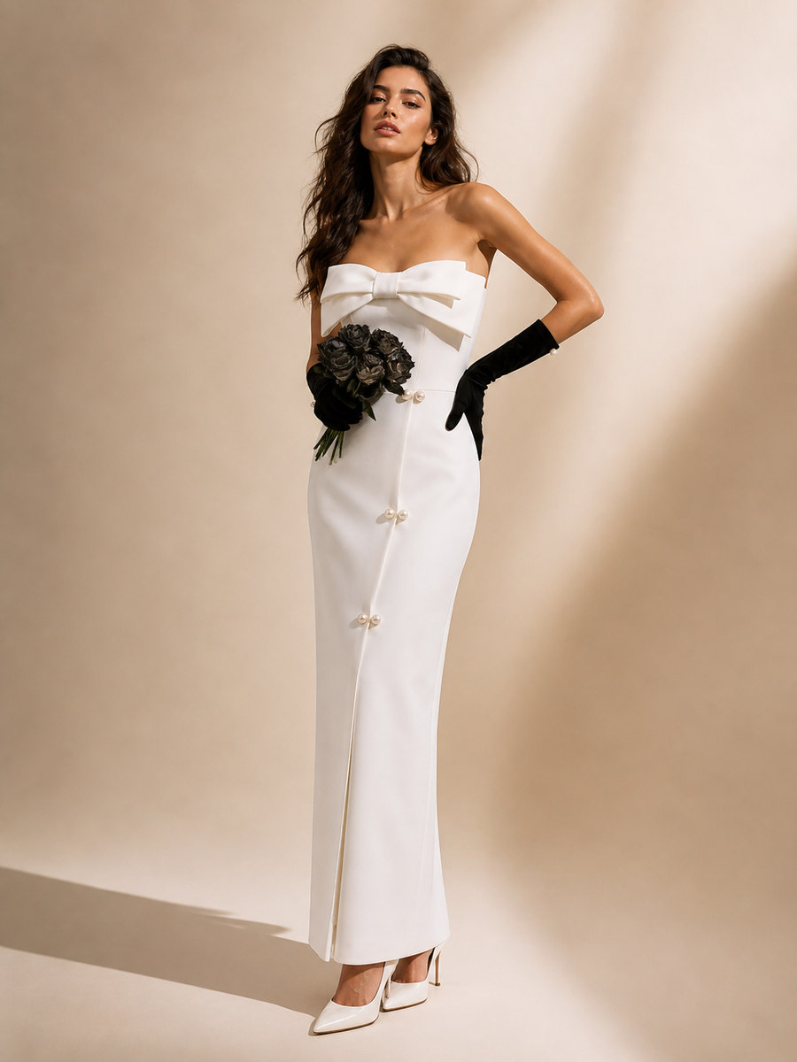 Strapless Bow Detail Midi Dress with Pearl Buttons – Elegant Minimalist Evening Gown for Women