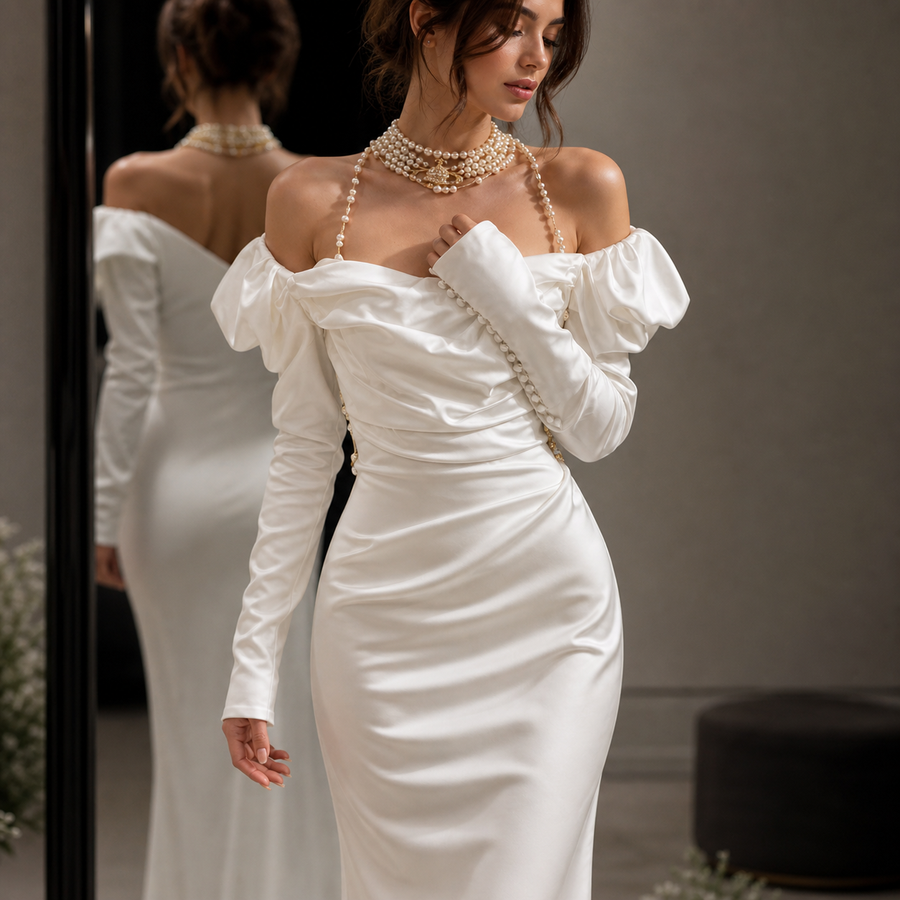 ÉLARA Satin Gown - Off-Shoulder White Long Sleeve Sculpted Evening Dress