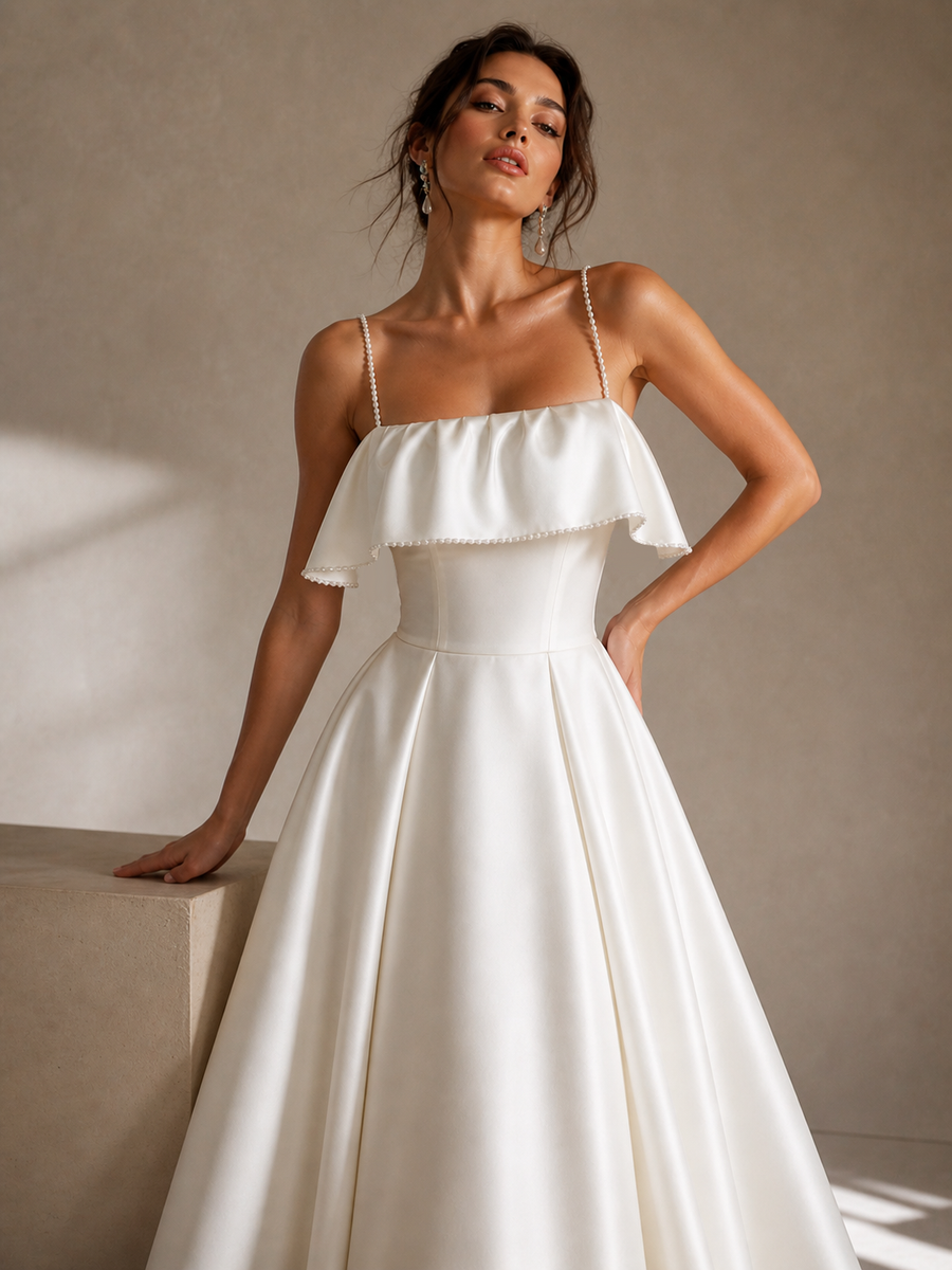 French Style Light Wedding Dress Strapless Satin Bridal Gown Petite Bride Elegant Reception Dress for Wedding