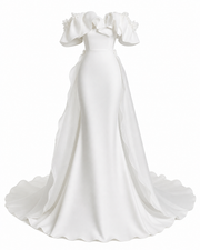 Off-Shoulder Ruffle Mermaid Wedding Gown - Sculpted Satin Silhouette with Sheer Flowing Train