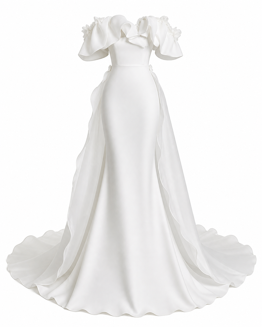 Off-Shoulder Ruffle Mermaid Wedding Gown - Sculpted Satin Silhouette with Sheer Flowing Train