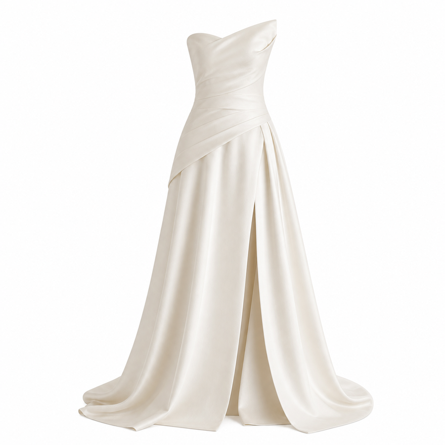 LALLORA Minimalist Strapless Satin Wedding Dress – Modern Bridal Gown with High Slit