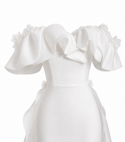Off-Shoulder Ruffle Mermaid Wedding Gown - Sculpted Satin Silhouette with Sheer Flowing Train