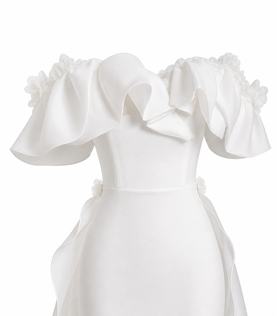 Off-Shoulder Ruffle Mermaid Wedding Gown - Sculpted Satin Silhouette with Sheer Flowing Train