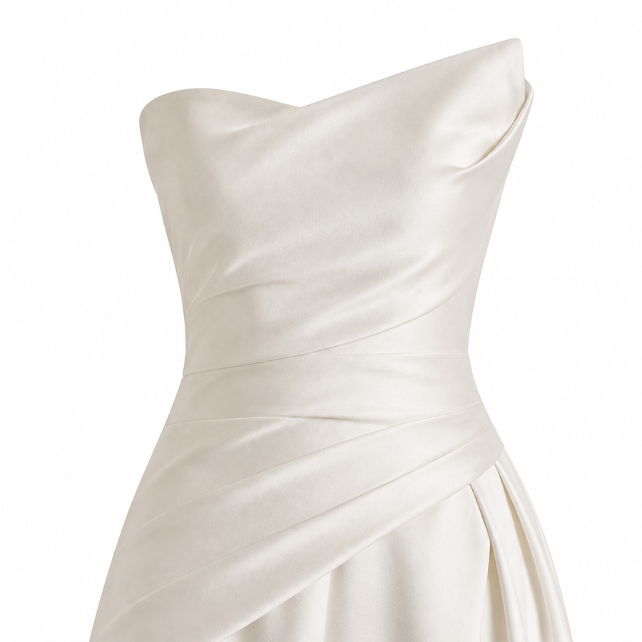 LALLORA Minimalist Strapless Satin Wedding Dress – Modern Bridal Gown with High Slit