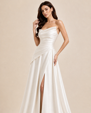Ivory Satin Strapless Gown - Sculpted Bodice & High Slit Elegant Evening Dress