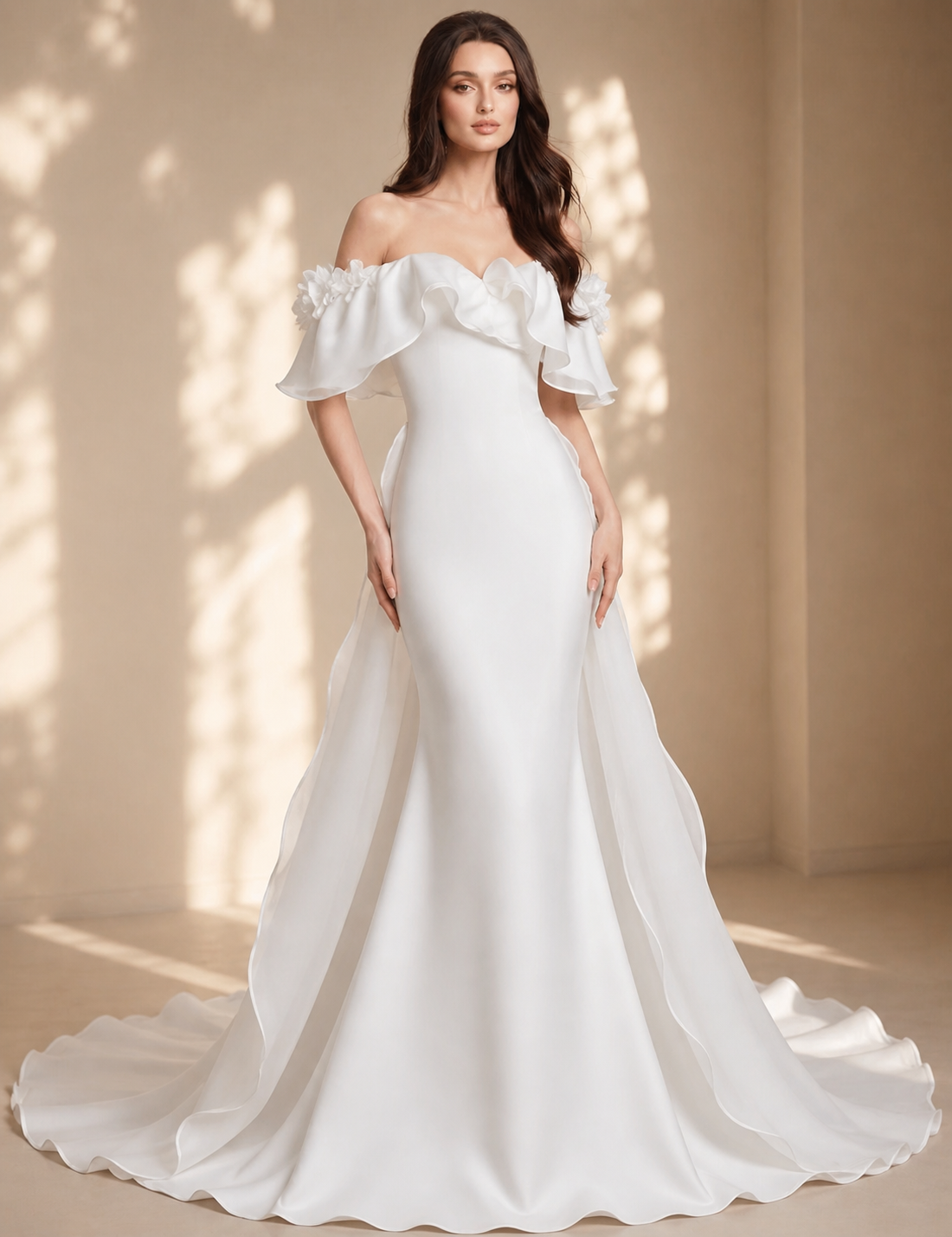 Off-Shoulder Ruffle Mermaid Wedding Gown - Sculpted Satin Silhouette with Sheer Flowing Train