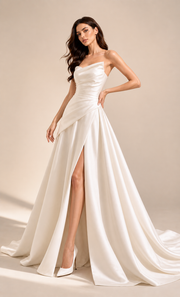 LALLORA Minimalist Strapless Satin Wedding Dress – Modern Bridal Gown with High Slit