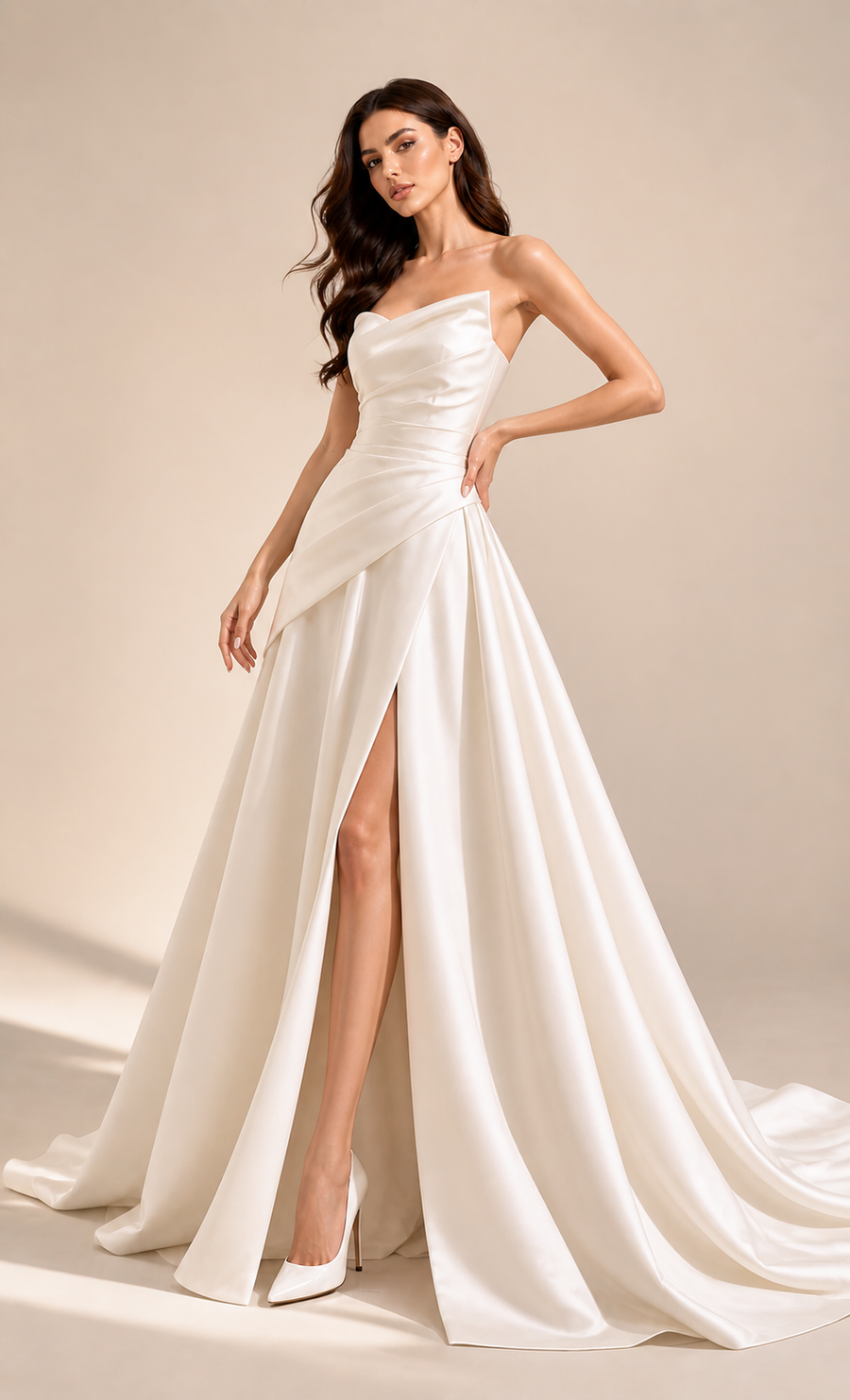 LALLORA Minimalist Strapless Satin Wedding Dress – Modern Bridal Gown with High Slit