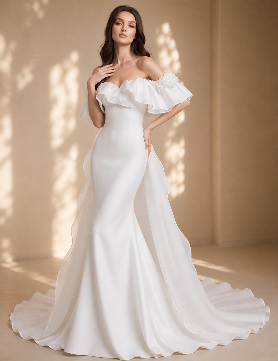 Off-Shoulder Ruffle Mermaid Wedding Gown - Sculpted Satin Silhouette with Sheer Flowing Train