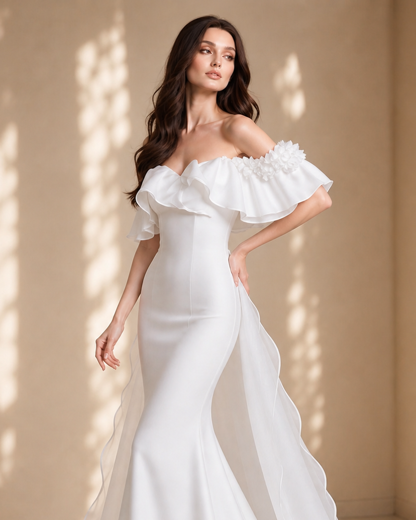 Off-Shoulder Ruffle Mermaid Wedding Gown - Sculpted Satin Silhouette with Sheer Flowing Train